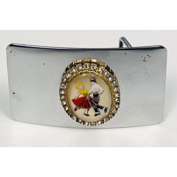 VTG Chrome 3"x2" Enamel Square Dancer Rhinestones BELT BUCKLE for 1.5" Belt USA - Picture 1 of 3